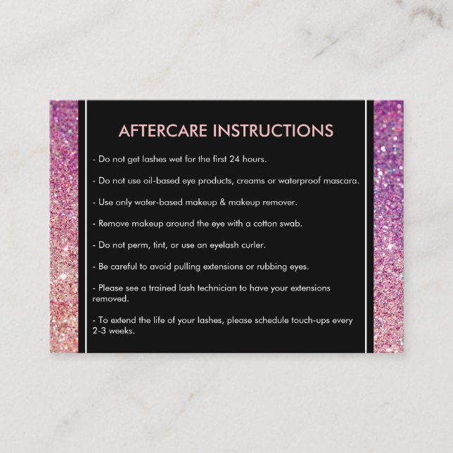 Eyelashes Purple/Pink Glitter Salon Aftercare Card (Front)