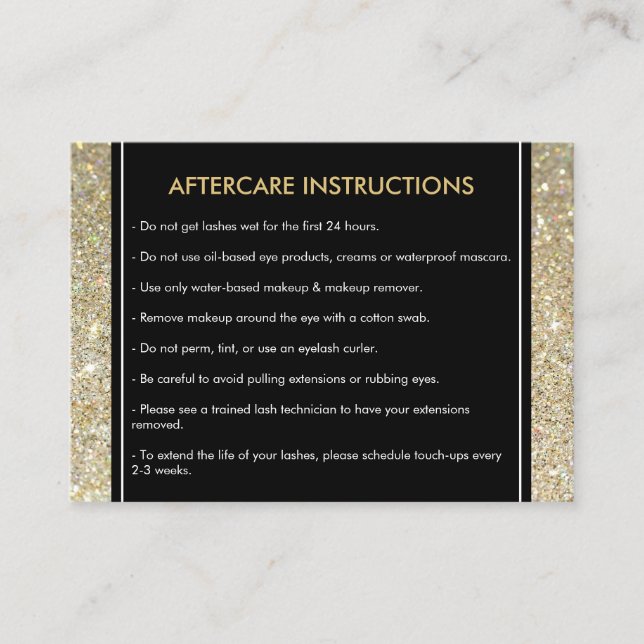 Eyelashes with Gold Glitter Salon Aftercare Card (Front)