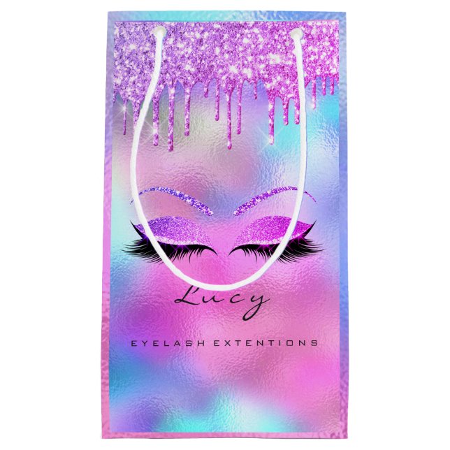 Eyes Lashes Makeup Bridal Name Glitter Holographic Small Gift Bag (Front)