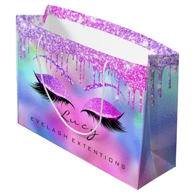 Eyes Lashes Makeup Bridal Name Glitter Pink Drips Large Gift Bag (Back Angled)