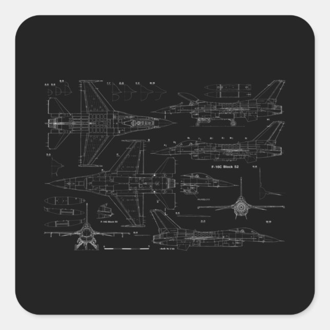 F16 Jet Aircraft Fighter Jet Blueprint Design Square Sticker (Front)