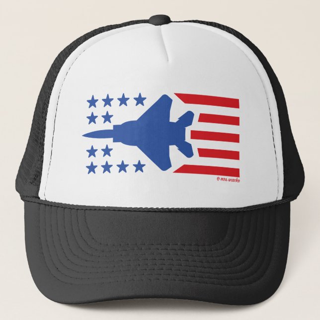 F-15 Fighter Jet Stars and Stripes Red White Blue Trucker Hat (Front)
