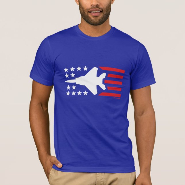 F-15 Strike Eagle Jet Red White Blue Stars Stripes T-Shirt (Front)