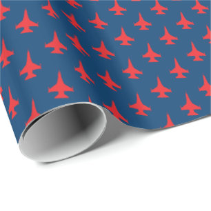 F-16 Falcon Fighter Jet Pattern Red on Blue Wrapping Paper