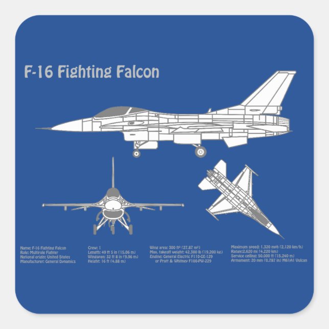 F-16 Fighting Falcon - Aeroplane Blueprint Plan AB Square Sticker (Front)