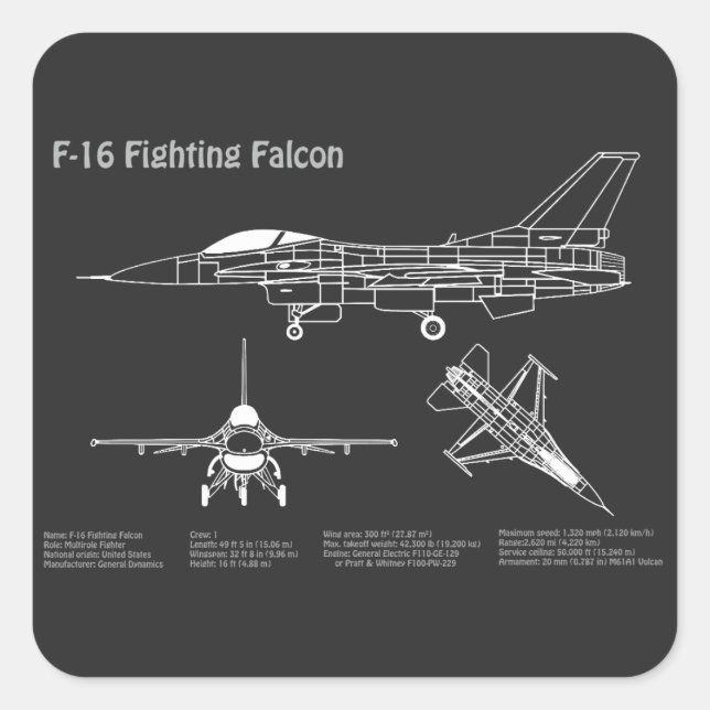 F-16 Fighting Falcon - Aeroplane Blueprint Plans P Square Sticker (Front)