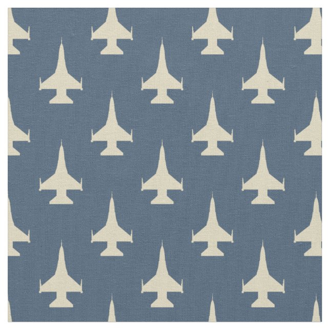F-16 Viper Fighter Jet Pattern Cream on Dusty Blue Fabric (Close Up)