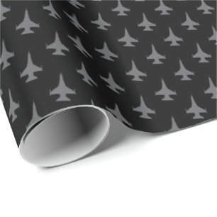F-16 Viper Fighter Jet Pattern Gray on Black Wrapping Paper