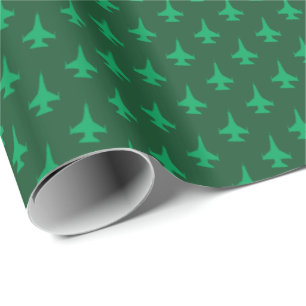 F-16 Viper Fighter Jet Pattern Green on Green Wrapping Paper