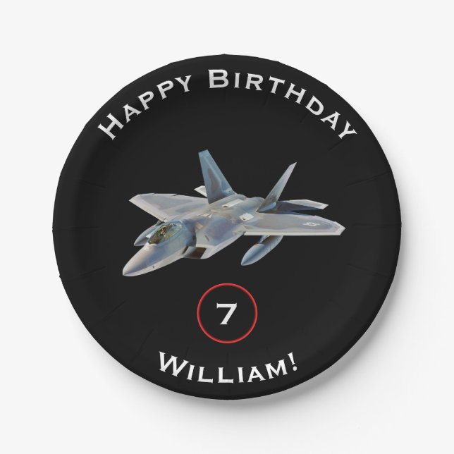 F-22 Raptor Fighter Jet Birthday with Name and Age Paper Plate (Front)