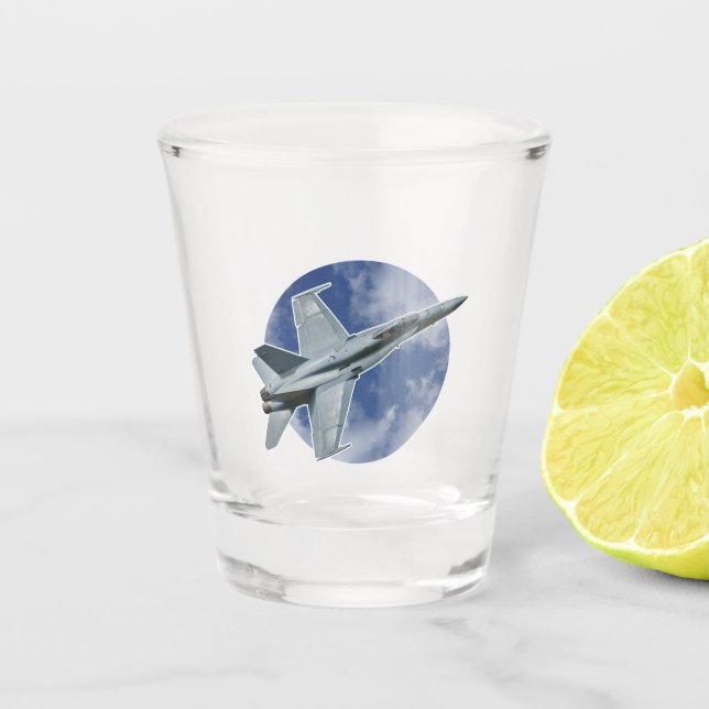 F/A-18C Hornet on a Circular Cloud Shot Glass (Front)