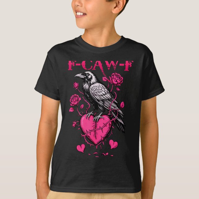 F-caw-f Black Crow Black Bird Roses Heart Funny Va T-Shirt (Front)