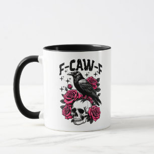 "F-CAW-F" Gothic Crow Skull & Pink Roses Mug