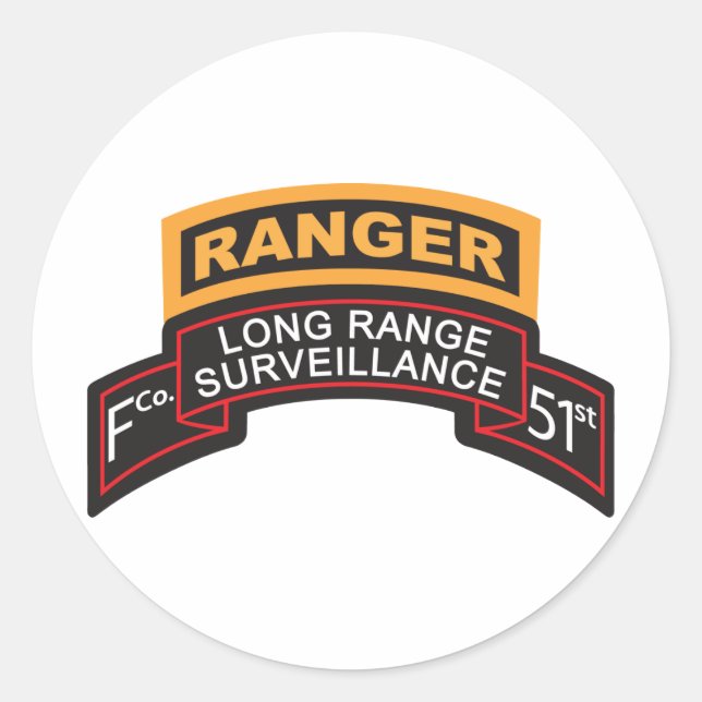 F Co 51st Infantry LRS Scroll, Ranger Tab Classic Round Sticker (Front)