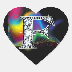 "F" Diamond Bling on Rainbow Swirl Heart Sticker