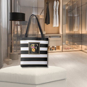 F Gold Floral Monogram Black White Gold Stripes Tote Bag