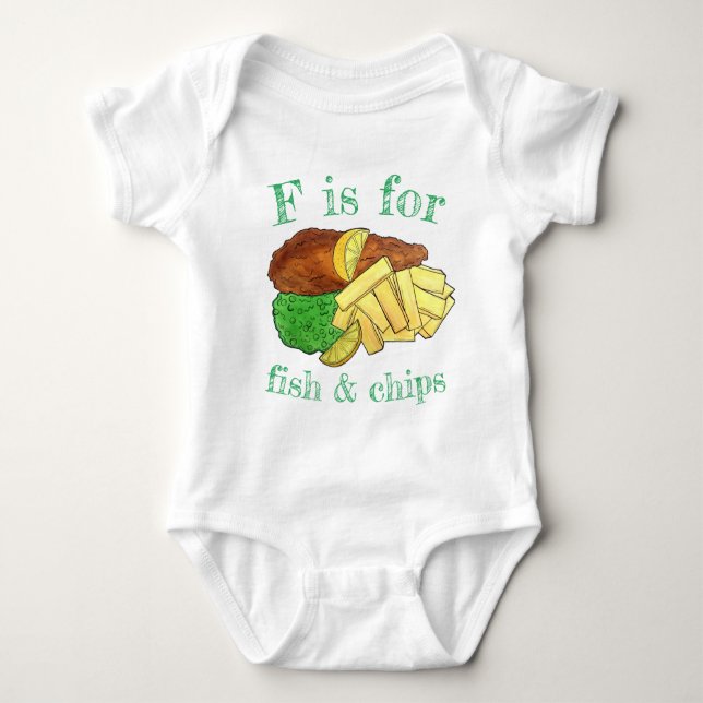F is for FISH & CHIPS British Pub Food Mushy Peas Baby Bodysuit (Front)