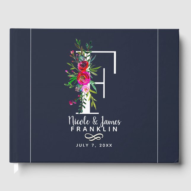 F Letter Initial Monogram Floral Name Wedding Guest Book (Front)