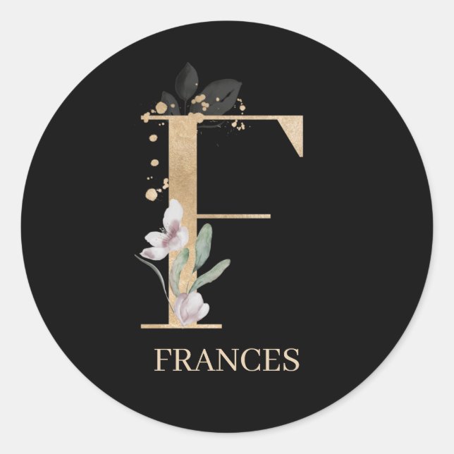F Monogram Floral Personalised Classic Round Stick Sticker (Front)