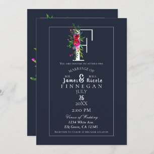 F Monogram Last Initial Modern Blue Floral Wedding Invitation
