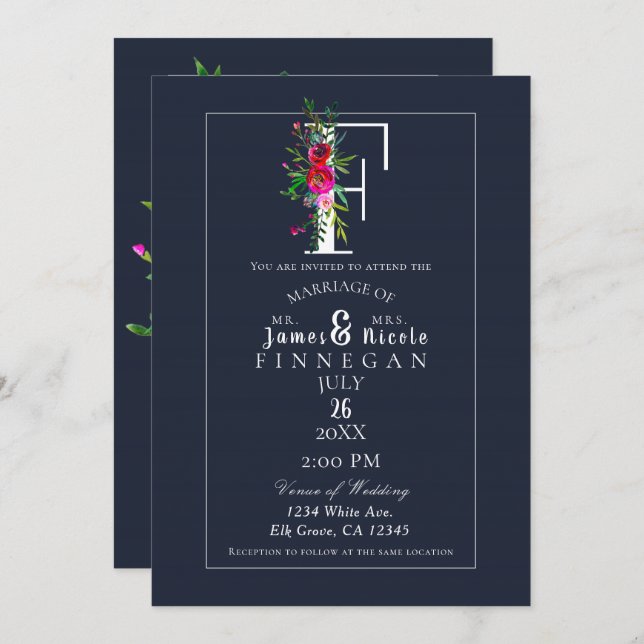 F Monogram Last Initial Modern Blue Floral Wedding Invitation (Front/Back)