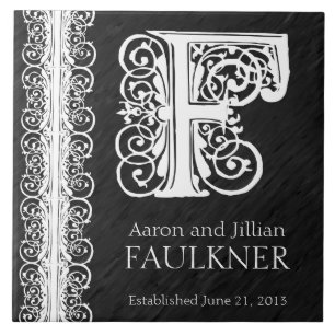 F Monogram "White Lace on Black" Wedding Tile