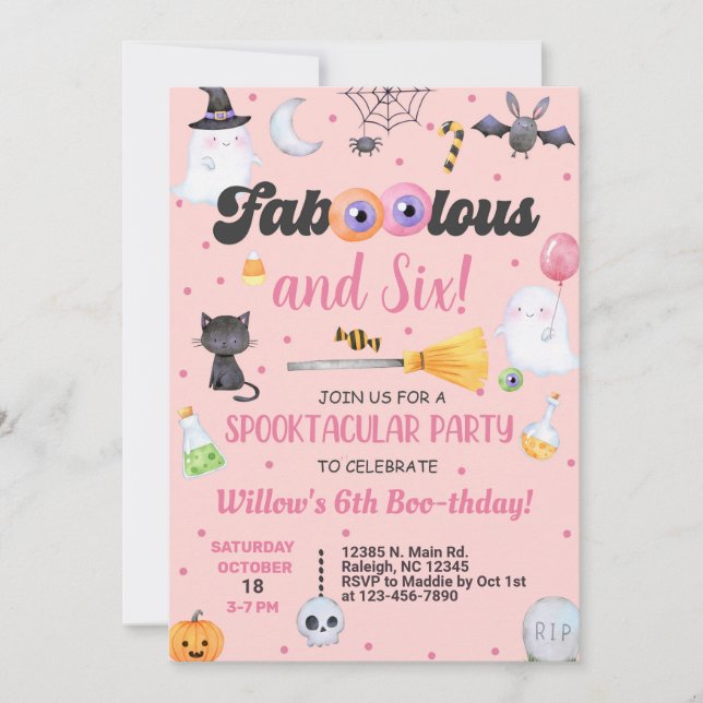 Fa-boo-lous Halloween girl birthday invite ANY AGE (Front)