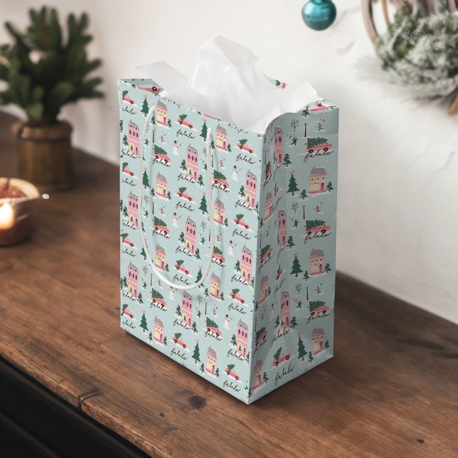 Fa La Home For The Holidays Town & Pink Retro Van Medium Gift Bag (Fa La Home For The Holidays Town & Pink Retro Van Medium Gift Bag)