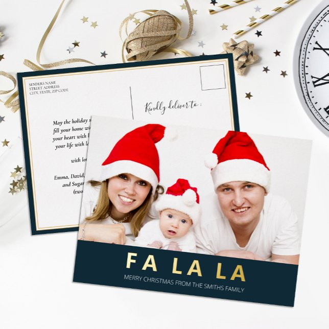 Fa La La Blue Gold Modern Christmas Photo Foil Holiday Postcard (Creator Uploaded)