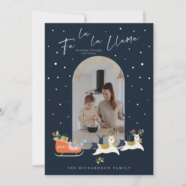 Fa La La Christmas Llama Reindeers & Sleigh Photo Holiday Card (Front)