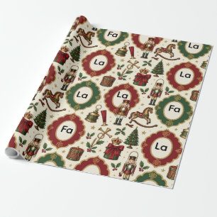 Fa La La Christmas Tree Wreath Nutcracker Gift Box Wrapping Paper