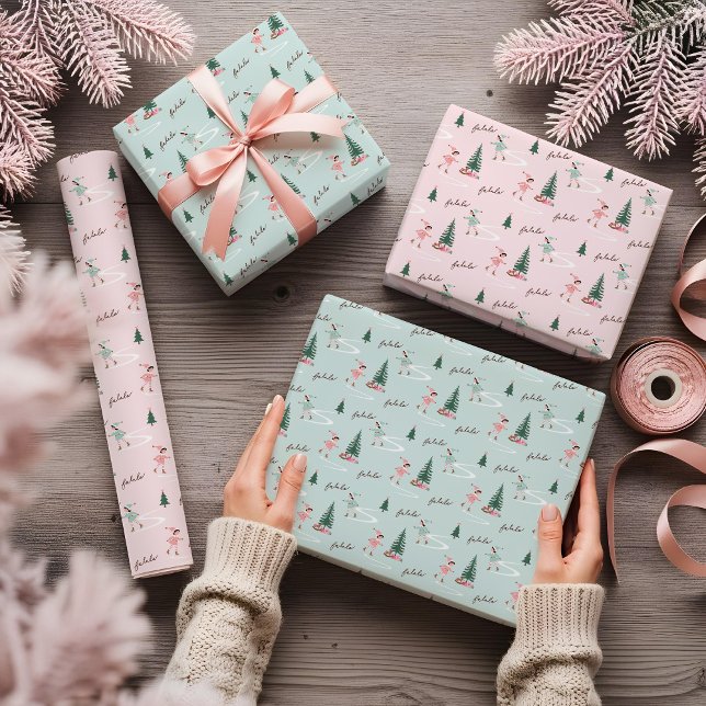 Fa La La Cute Pink Elf Ice Skating Girly Wrapping  Wrapping Paper Sheet (Fa La La Cute Pink Elf Ice Skating Girly Wrapping Wrapping Paper Sheets)