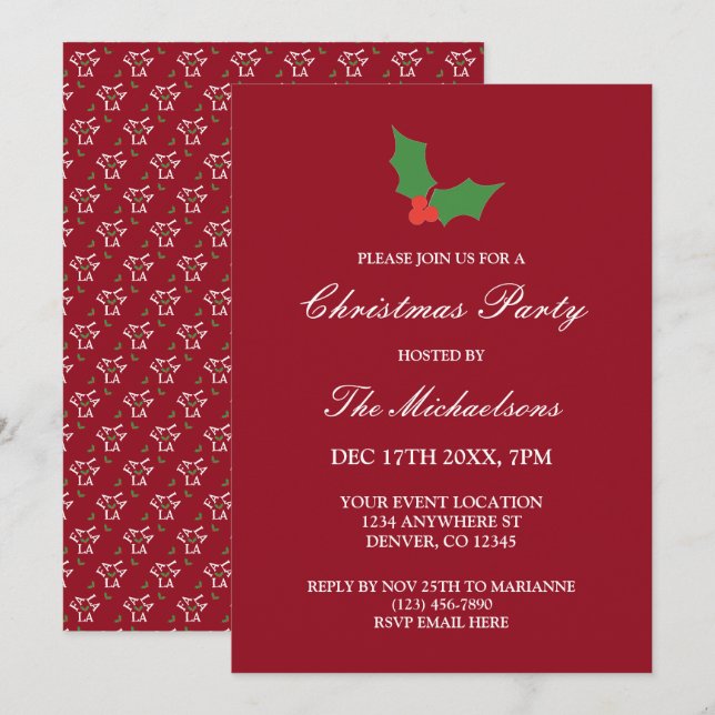 Fa La La Festive Holly Christmas Invitation (Front/Back)
