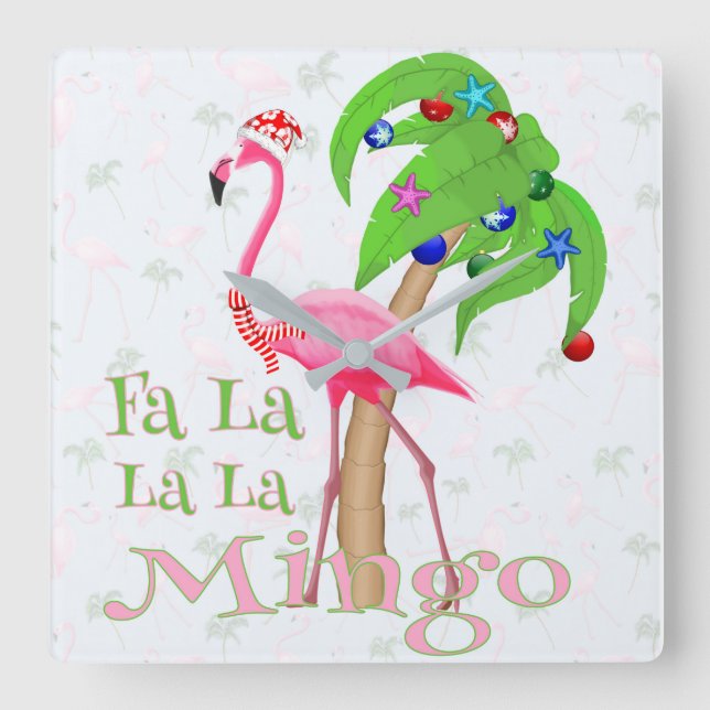Fa La La Flamingo Xmas Square Wall Clock (Front)