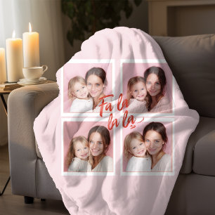 Fa La La La Blush Pink Christmas Photo Collage Fleece Blanket