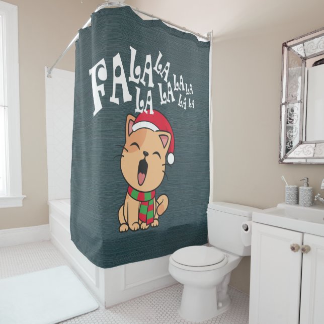 Fa La La La Christmas Cat Singing Shower Curtain (In Situ)
