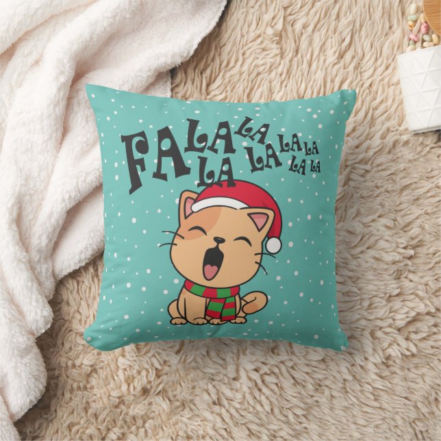 Fa La La La La Christmas Cat Singing Throw Pillow (Blanket)