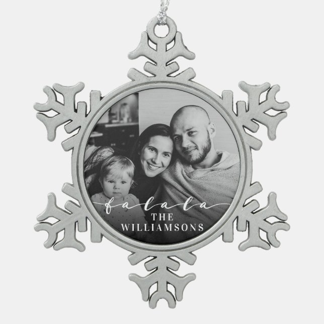Fa La La La Trendy Script Christmas Photo Snowflake Pewter Christmas Ornament (Front)