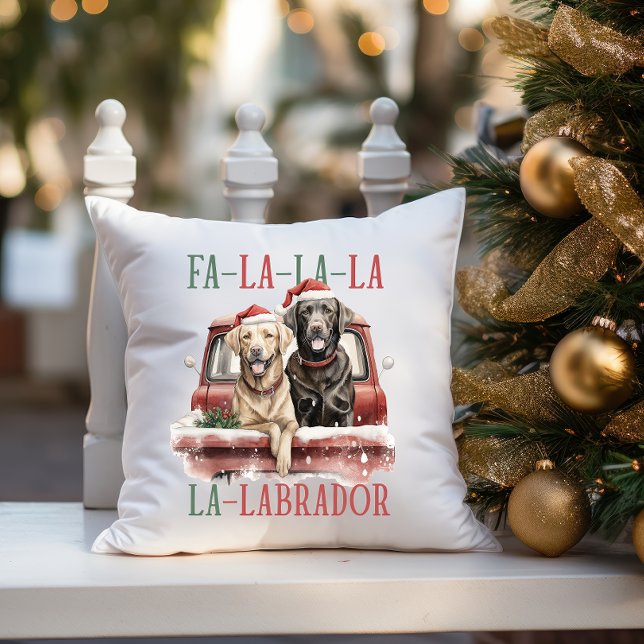 FA LA LA LABRADOR DOG RED TRUCK FURRY CHRISTMAS CUSHION (dog themed home decor for labrador owner and golden retriever lover  FA LA LA LA CHRISMTAS)