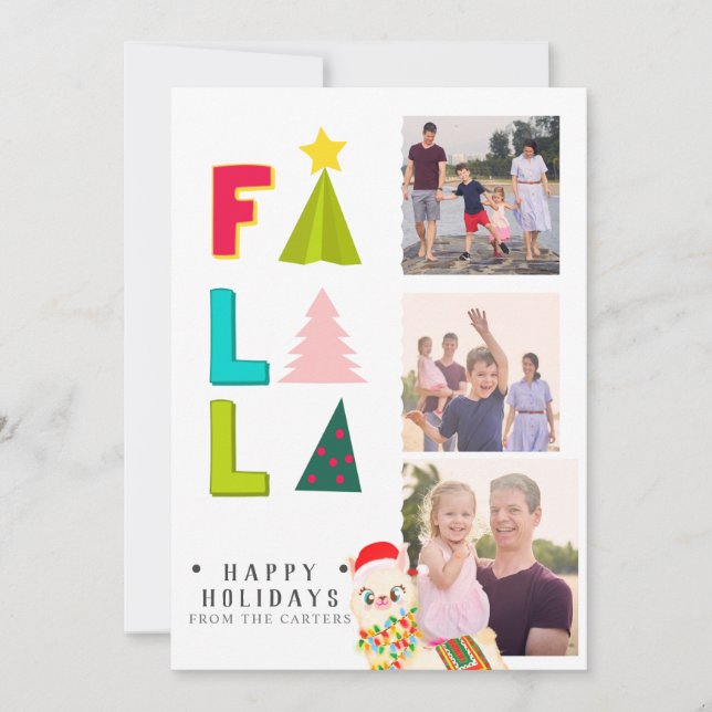 FA LA LA LLAMA 3 PHOTO festive fun kids Holiday Card (Front)