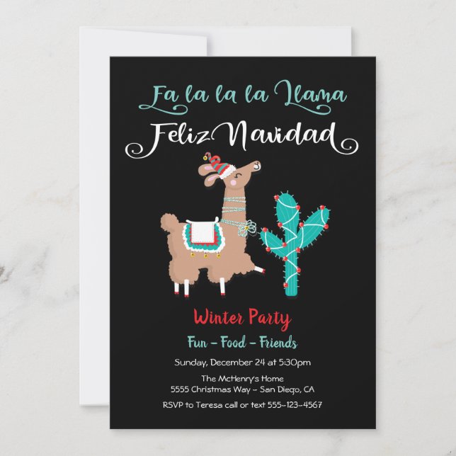 Fa la la Llama Feliz Navidad Party Invitation (Front)