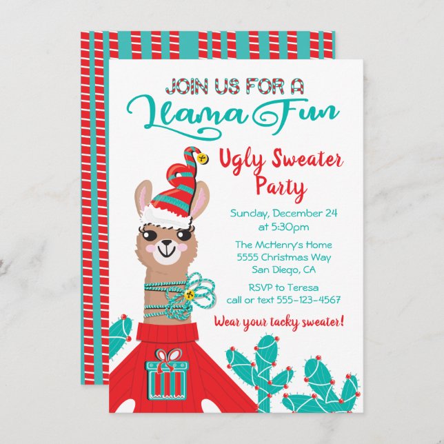 Fa la la Llama Ugly Christmas Sweater Party Invitation (Front/Back)