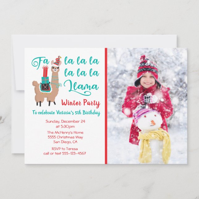 Fa la la Llama Winter christmas photo card party (Front)