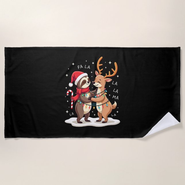 Fa La La Llama Xmas Lights Sloth Riding Llama Chri Beach Towel (Front)