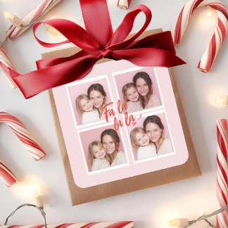 Fa La La Pink Christmas Photo Collage  Square Sticker