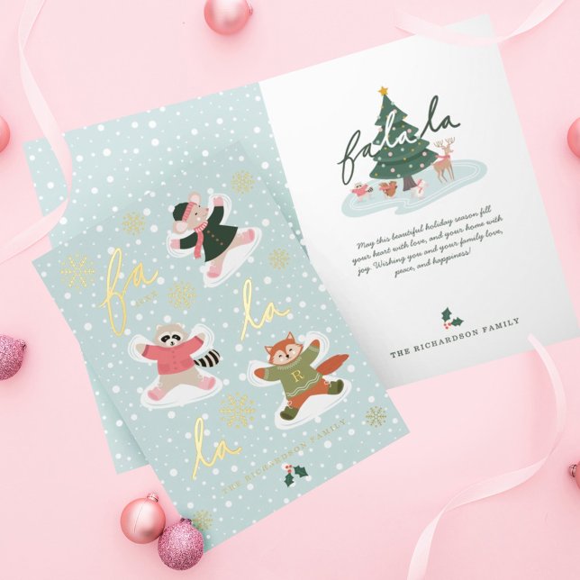 Fa La La Snow Angel Woodland Animals Fun Winter Foil Greeting Card (Fa La La Snow Angel Woodland Animals Fun Winter Foil Greeting Card)