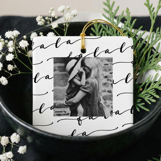 FA LA LA White & Black Calligraphy Christmas Photo Ceramic Ornament (Modern Minimalist FA LA LA Family Photo Keepsake Ceramic Ornament)