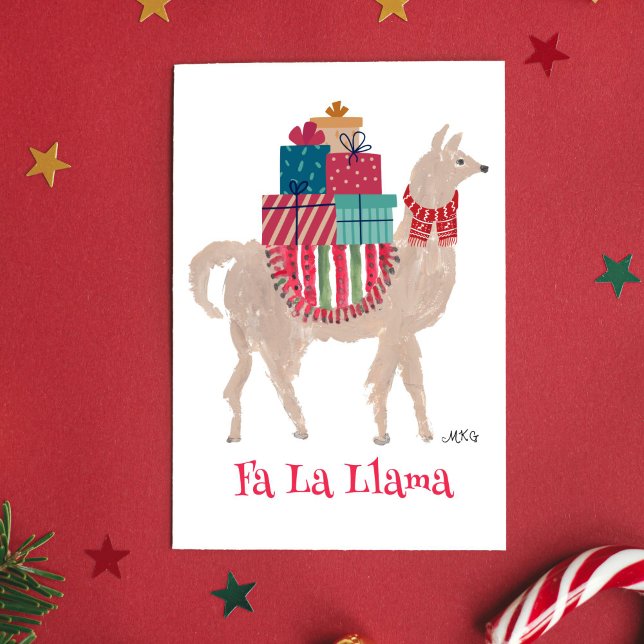 Fa La Llama Hand-Illustrated Folded Holiday Card (This colorful festive Fa La Llama is unique. I painted the animal by hand with gouache watercolors.)