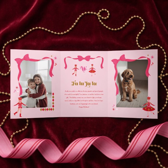 Fa La Nutcracker Ballet Pink Bow Photo Christmas Tri-Fold Holiday Card (Fa La Nutcracker Ballet Pink Bow Photo Christmas Tri-Fold Holiday Card)