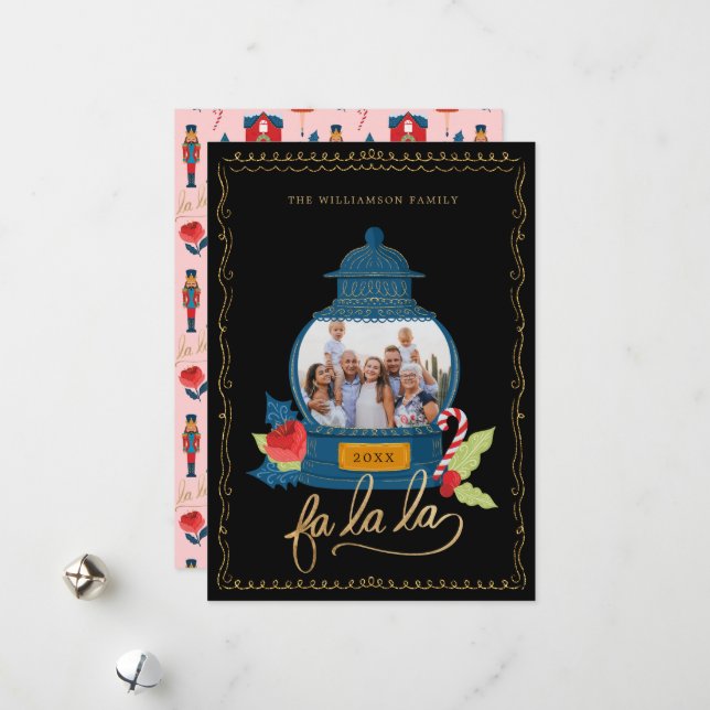 Fa La Nutcracker Christmas Family Photo Snow Globe Holiday Card (Front/Back In Situ)